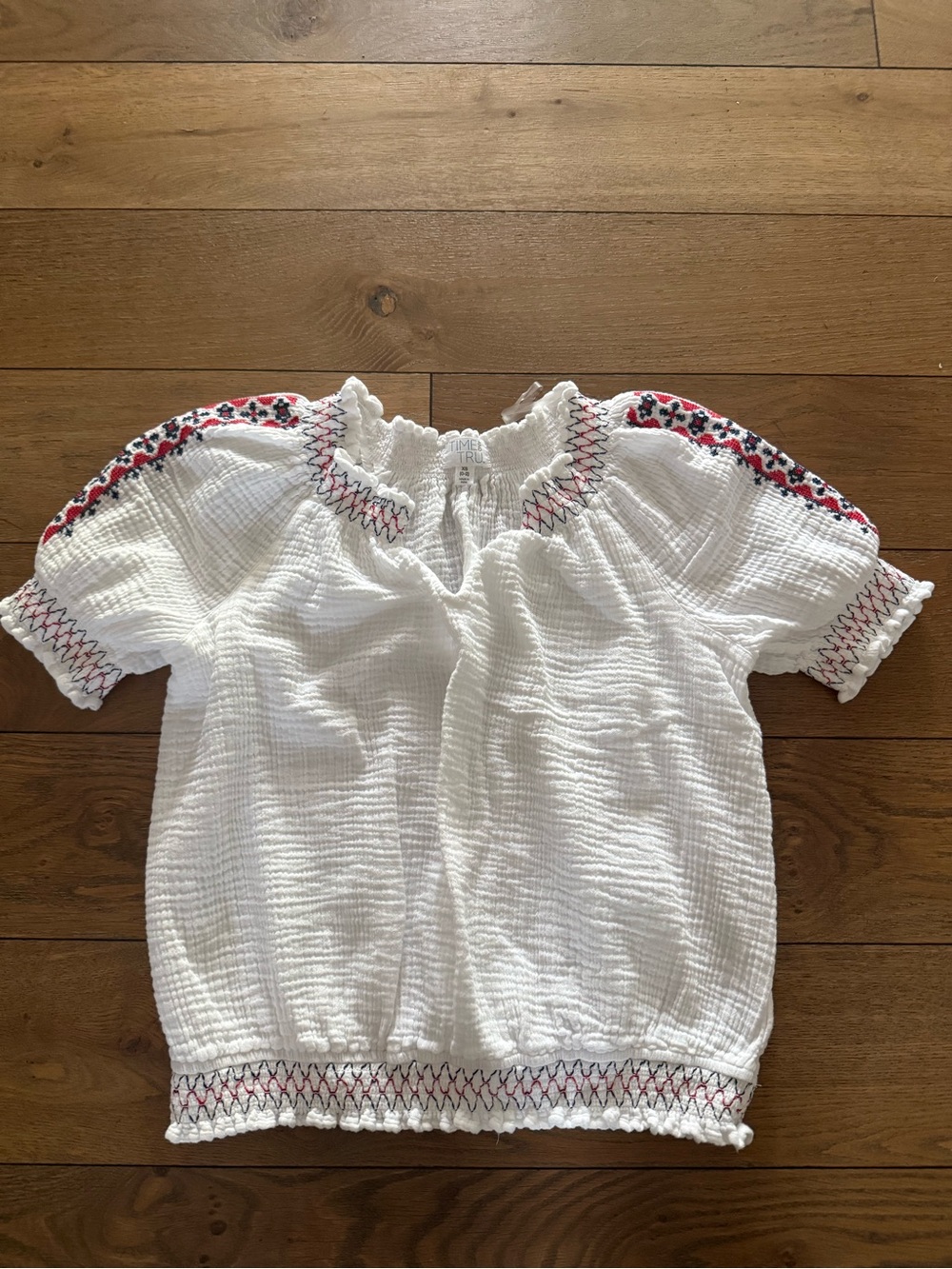 Time and Tru White Smocked Top with Red & Navy Embroidery